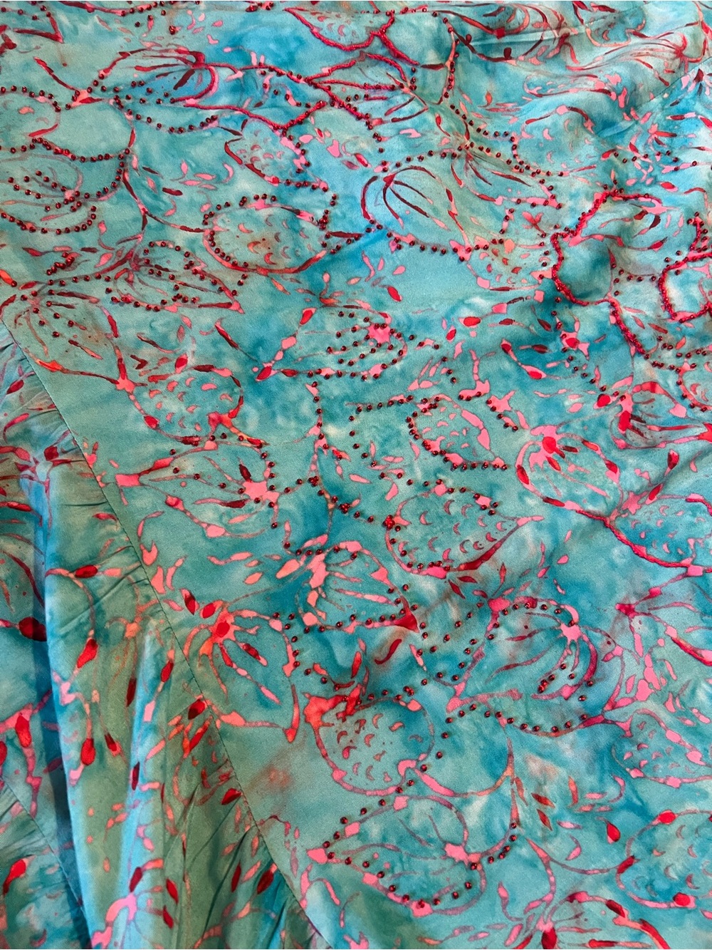 Handmade Balinese Batik Beaded Wrap Skirt/Sarong – Turquoise Floral made in Bali - Picture 5 of 5
